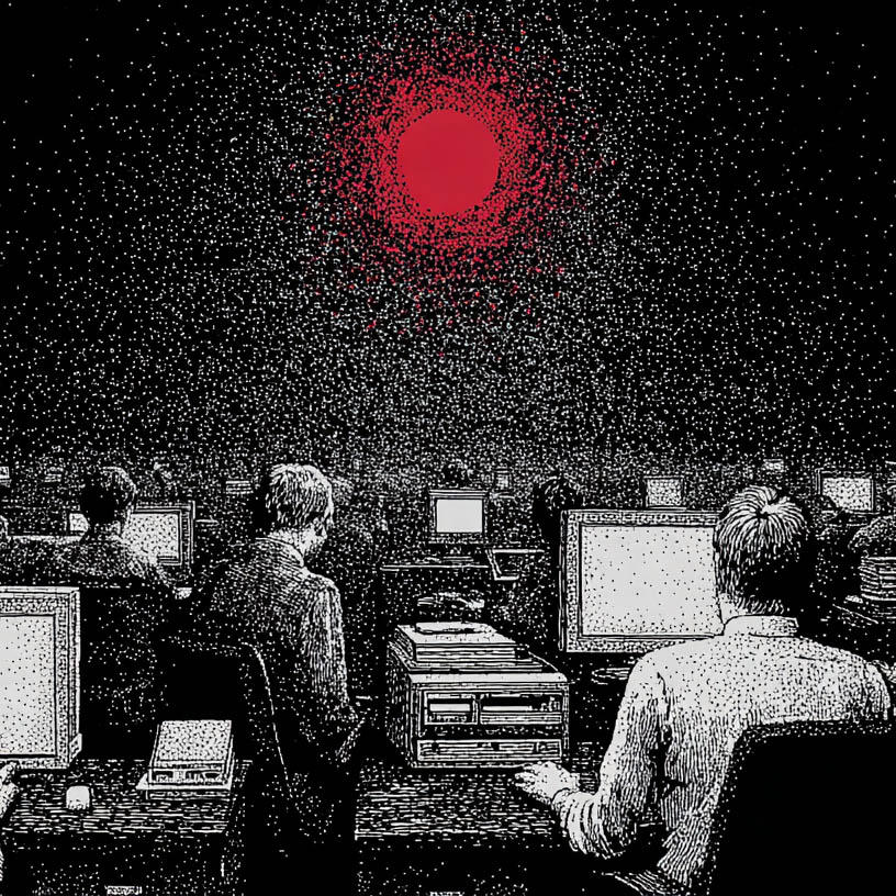 a red sun and a lot of computers