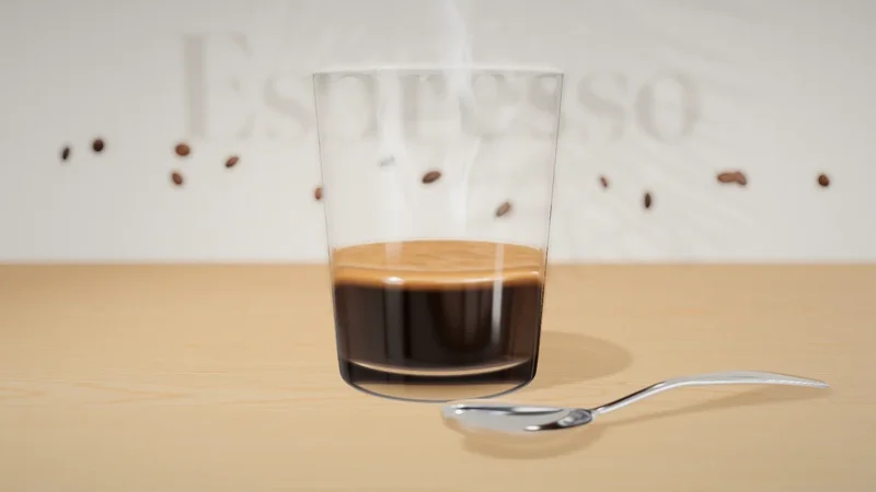Szklanka espresso z cremą na drewnianym blacie, obok stalowa łyżeczka