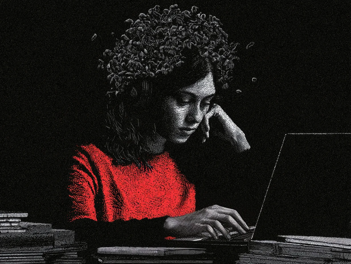 Osoba w słuchawkach przy laptopie, w czerwonym swetrze na czarno-białej ilustracji — motyw słuchania i pracy z informacją